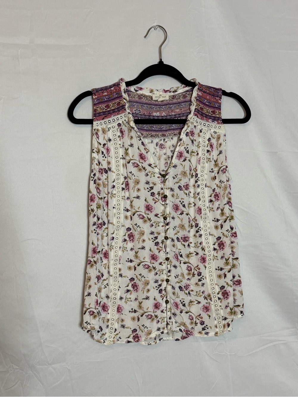 Mason & Belle Boho Floral Sleeveless Blouse Small Cream Pink Button Front Tank